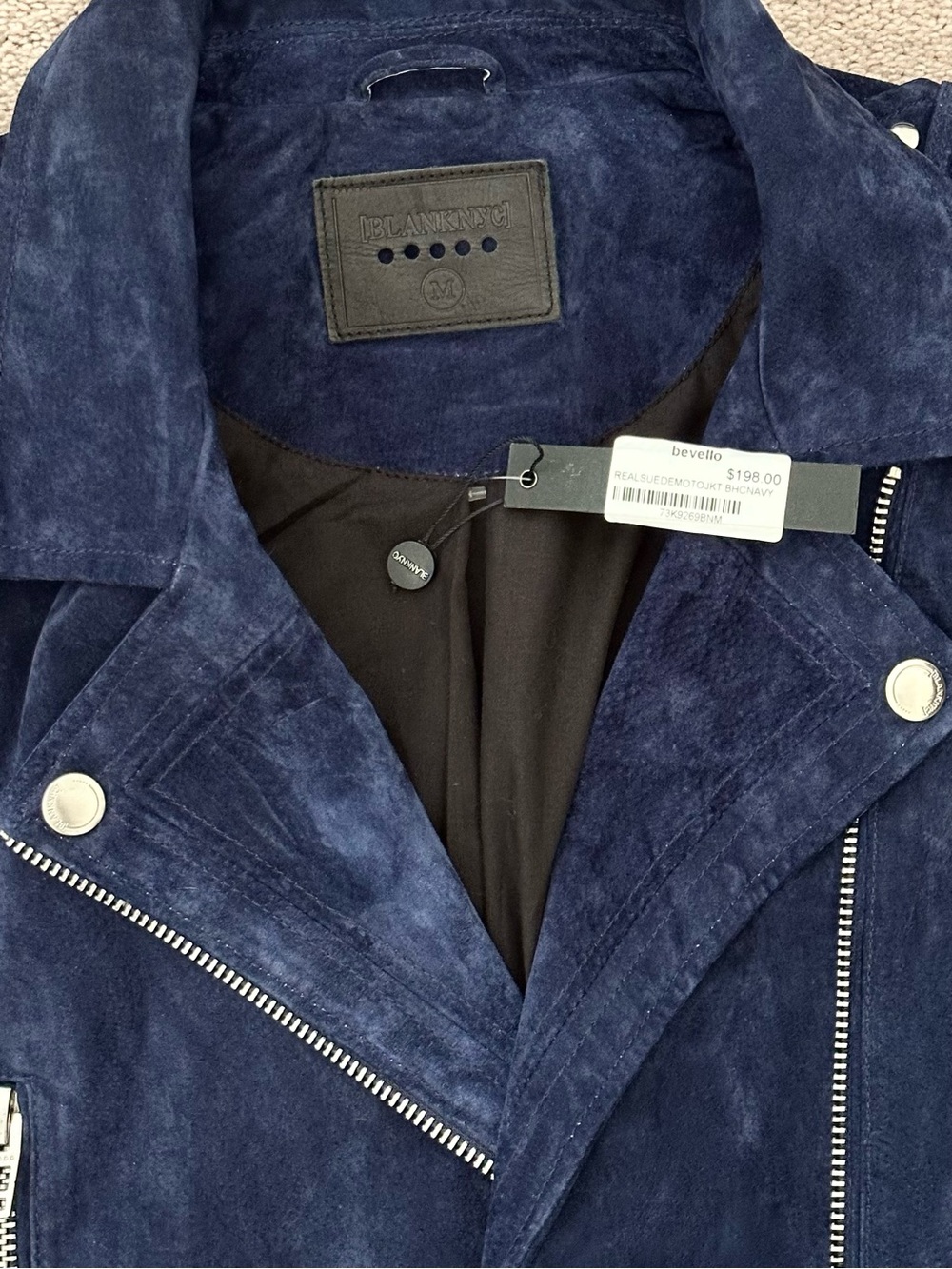 100% Suede Leather Fall Navy Blue Moto Jacket - Blank NYC - Picture 16 of 17
